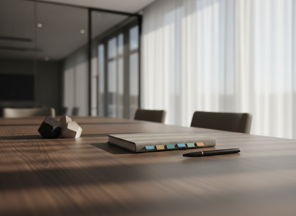 A minimalist conference table shot from a low cinematic angle, with a closed linen-covered notebook, a slim matte-black fountain pen, and geometric stone paperweights, lit by soft indirect afternoon light through sheer curtains.