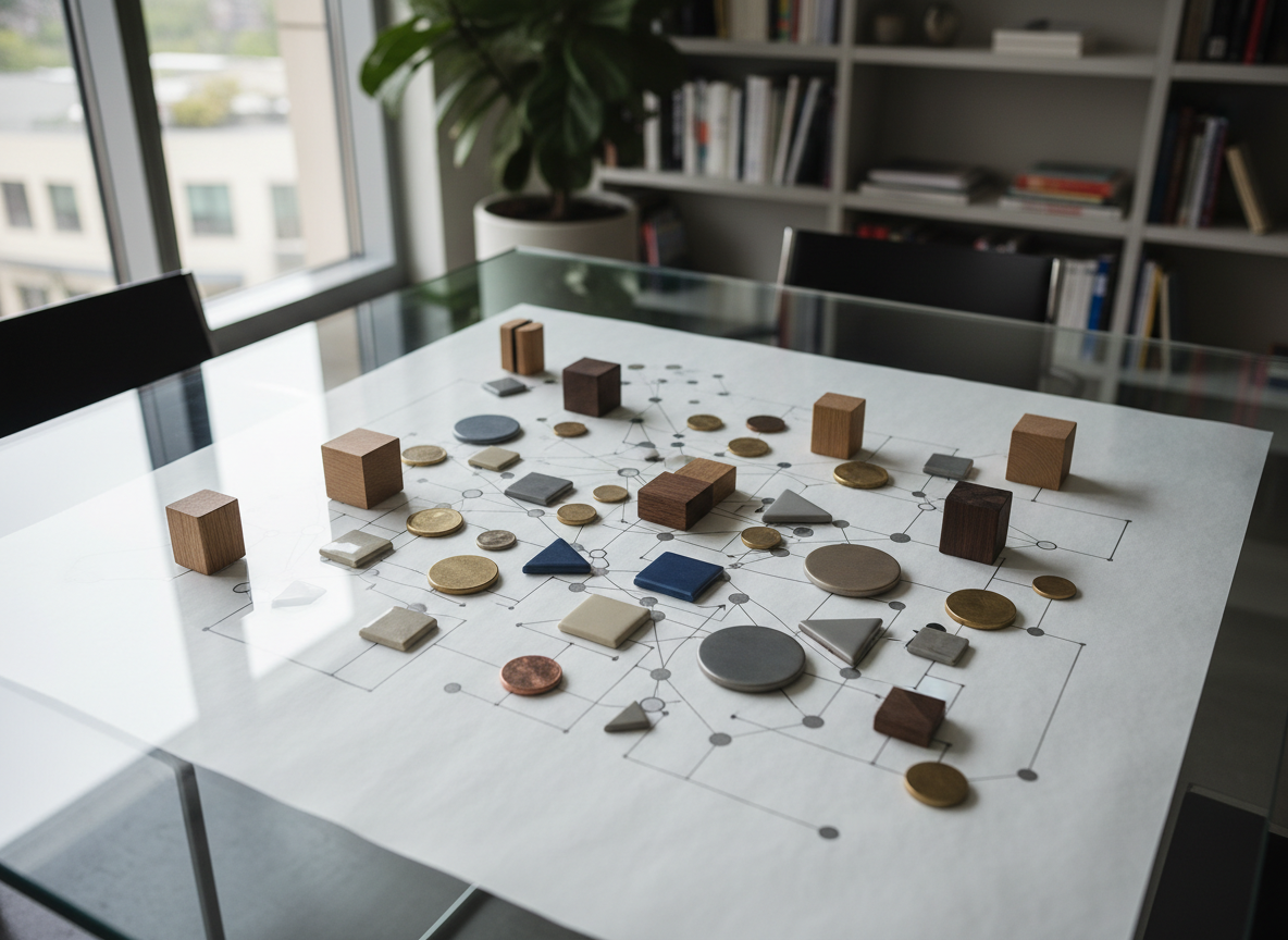 A transparent glass table seen from above, covered with small wooden blocks, metal tokens, and ceramic tiles in slate, sand, and deep blue, connected by graphite lines on white paper beneath, in cool diffused daylight.